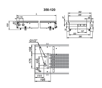 Внутрипольный конвектор с естественной конвекцией Techno KVZ 350-120-1600